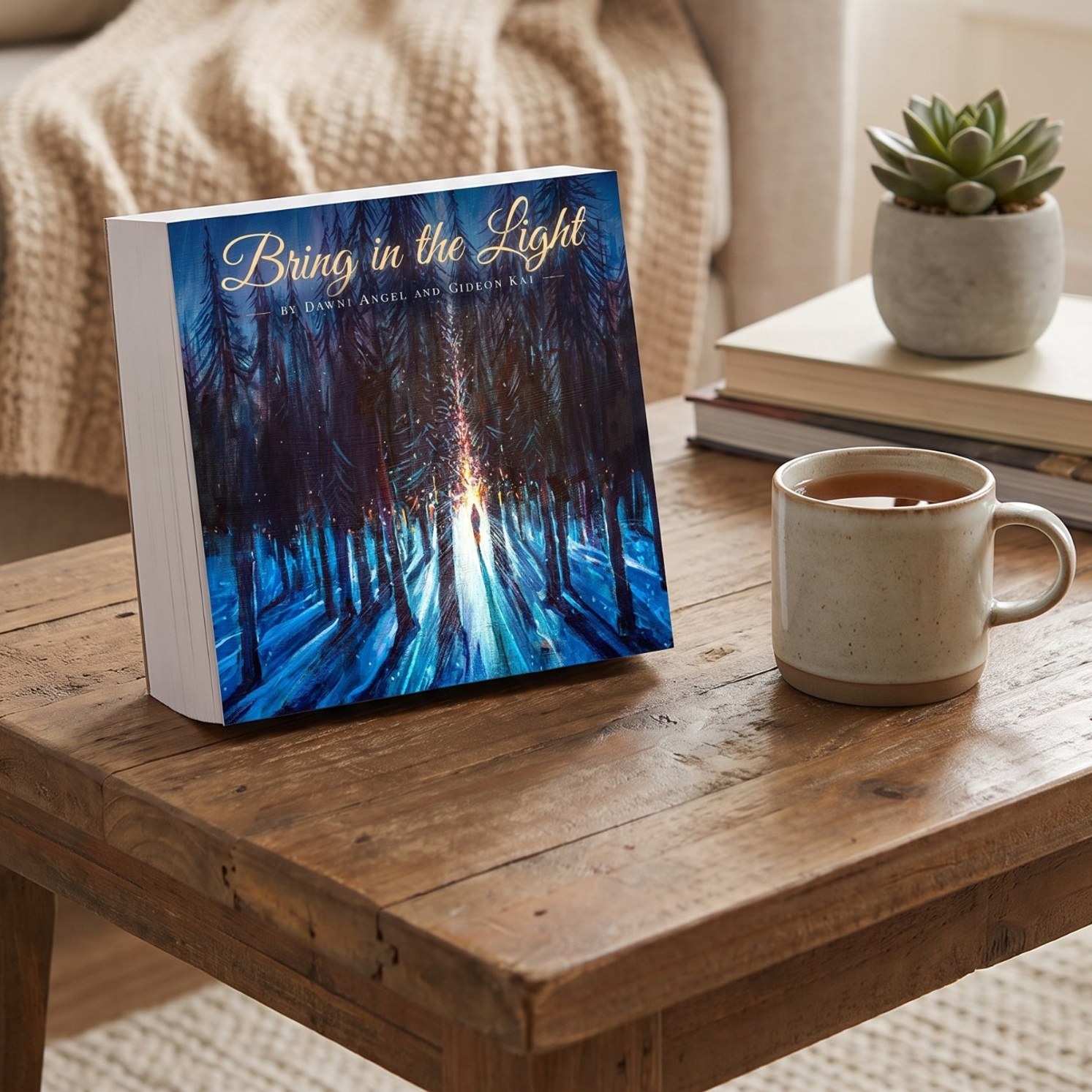 Bring in the Light, the 2027 daily calendar by Dawni Angel and Gideon Kai, standing on a wooden coffee table beside a mug of tea.
